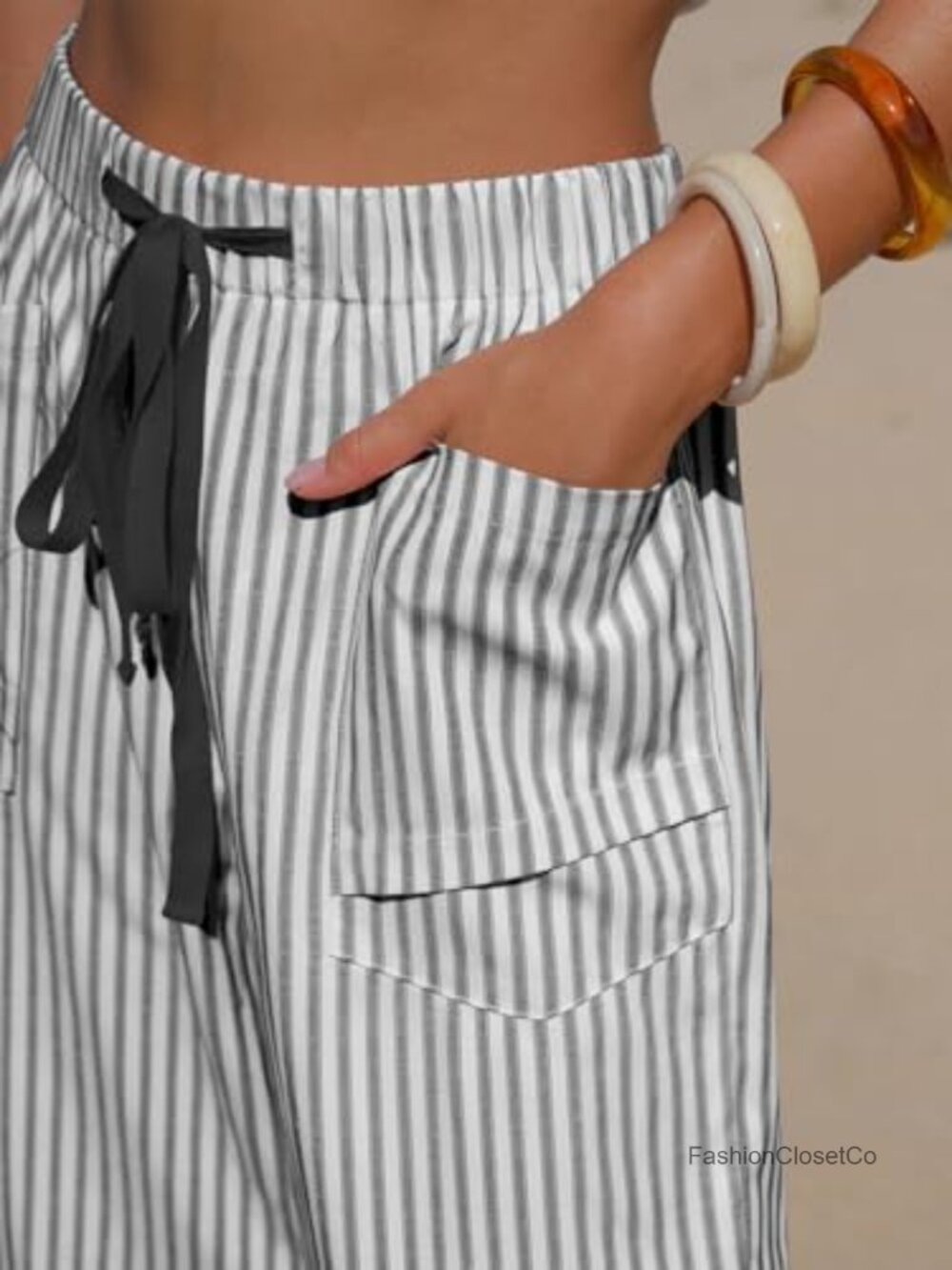 Faux Linen Striped Barrel Pants Drawstring Capri Lounge Trousers with Pockets - Picture 5 of 6